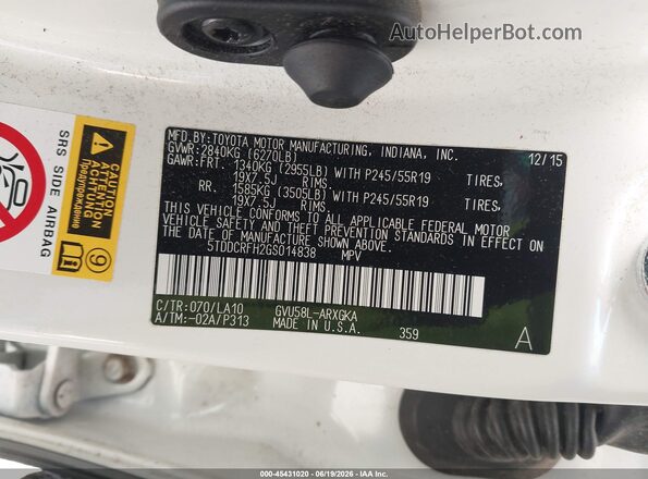 5TDDCRFH2GS014838 2016 TOYOTA HIGHLANDER HYBRID White Вид підкапотного простору