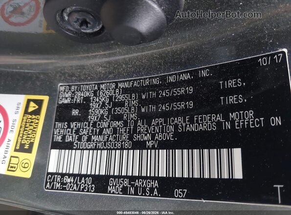 5TDDGRFH0JS038180 2018 TOYOTA HIGHLANDER HYBRID Green Вид підкапотного простору