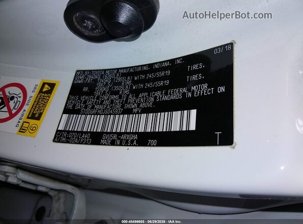 5TDDGRFH0JS045937 2018 TOYOTA HIGHLANDER HYBRID White Widok komory silnika