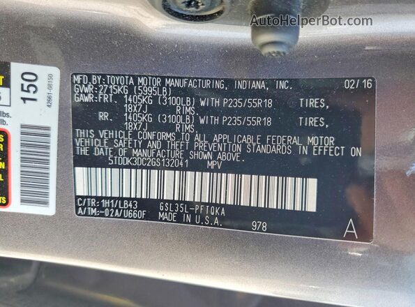 5TDDK3DC2GS132041 2016 TOYOTA SIENNA Gray VIN կոդի պիտակի տեսք