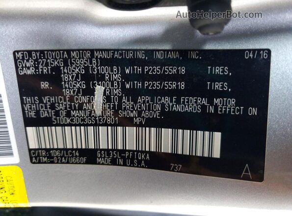 5TDDK3DC3GS137801 2016 TOYOTA SIENNA Silver VIN կոդի պիտակի տեսք