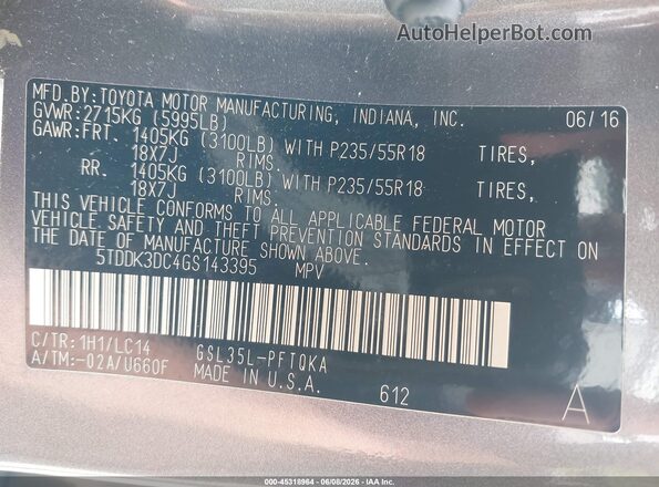 5TDDK3DC4GS143395 2016 TOYOTA SIENNA Gray ძრავის განყოფილების ხედი