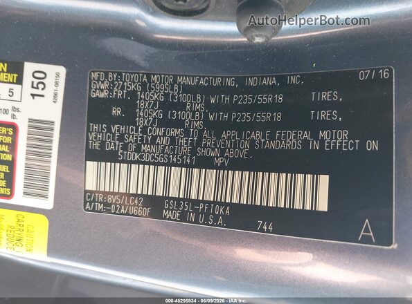 5TDDK3DC5GS145141 2016 TOYOTA SIENNA Light Blue Widok komory silnika