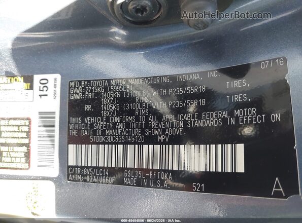 5TDDK3DC8GS145120 2016 TOYOTA SIENNA Light Blue Vista del compartimento del motor