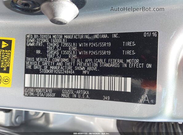 5TDDKRFH2GS248464 2016 TOYOTA HIGHLANDER Silver Вид підкапотного простору