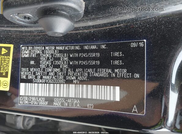 5TDDKRFH3GS333992 2016 TOYOTA HIGHLANDER Black Widok komory silnika