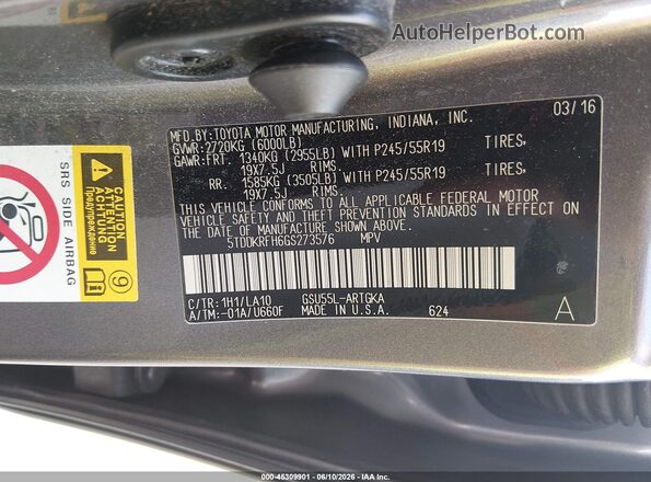 5TDDKRFH6GS273576 2016 TOYOTA HIGHLANDER Gray 