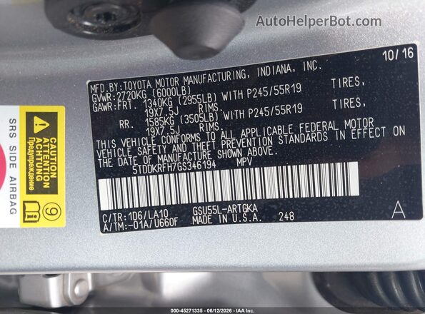 5TDDKRFH7GS346194 2016 TOYOTA HIGHLANDER Silver Շարժիչի բաժամունքի տեսք