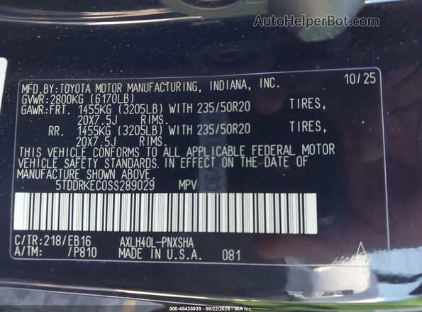5TDDRKEC0SS289029 2025 TOYOTA SIENNA Black Вид підкапотного простору