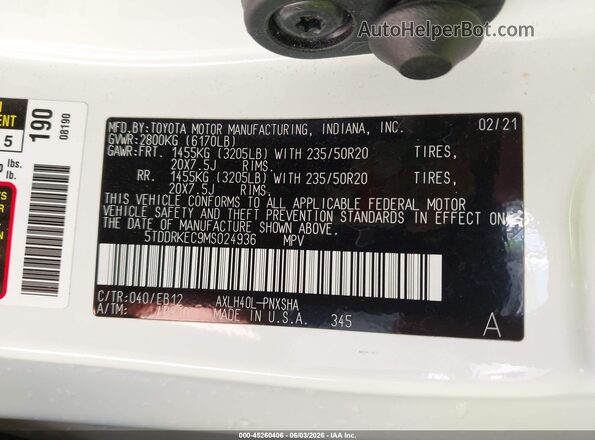 5TDDRKEC9MS024936 2021 TOYOTA SIENNA Белый 