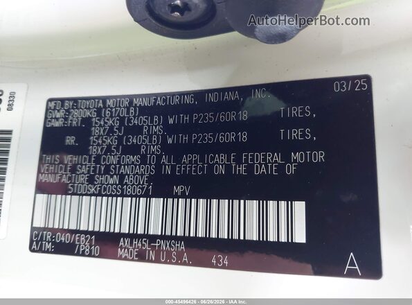 5TDDSKFC0SS180671 2025 TOYOTA SIENNA White ძრავის განყოფილების ხედი