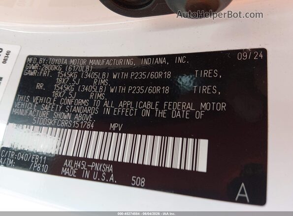 5TDDSKFC8RS151784 2024 TOYOTA SIENNA White Engine compartment view