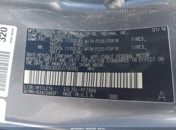 5TDDZ3DC0JS190992 2018 TOYOTA SIENNA Gray Engine compartment view
