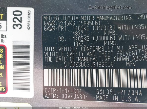 5TDDZ3DC3JS192056 2018 TOYOTA SIENNA Gray Widok komory silnika
