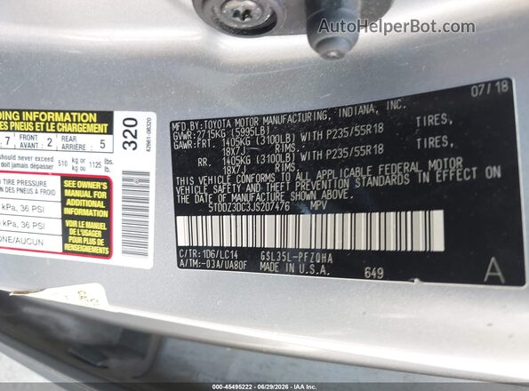 5TDDZ3DC3JS207476 2018 TOYOTA SIENNA Silver ძრავის განყოფილების ხედი