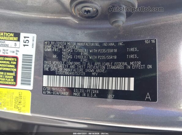 5TDDZ3DC4HS153129 2017 TOYOTA SIENNA Gray Vista del compartimento del motor