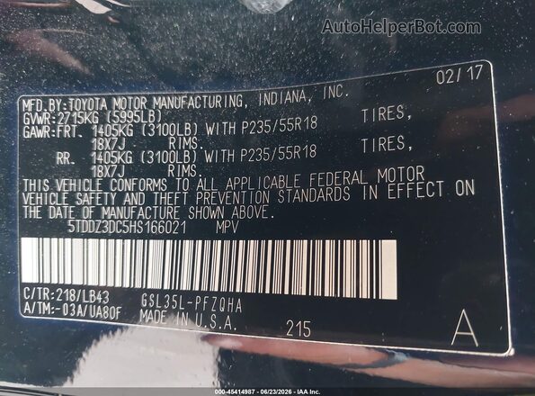 5TDDZ3DC5HS166021 2017 TOYOTA SIENNA Black Engine compartment view