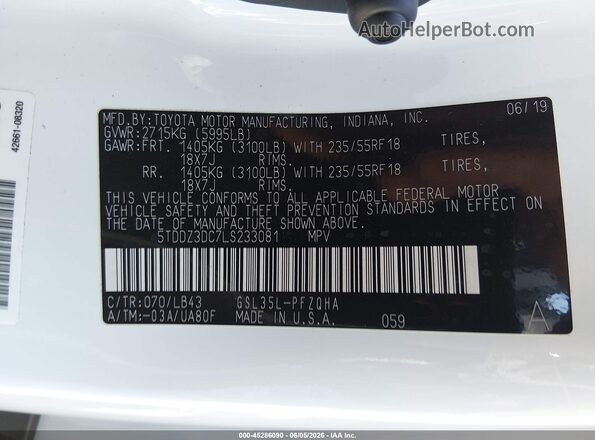 5TDDZ3DC7LS233081 2020 TOYOTA SIENNA White Engine compartment view