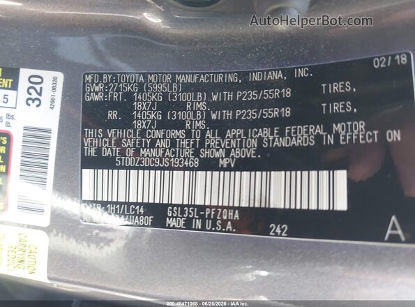 5TDDZ3DC9JS193468 2018 TOYOTA SIENNA Gray ძრავის განყოფილების ხედი