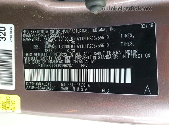 5TDDZ3DC9JS196287 2018 TOYOTA SIENNA Brown 
