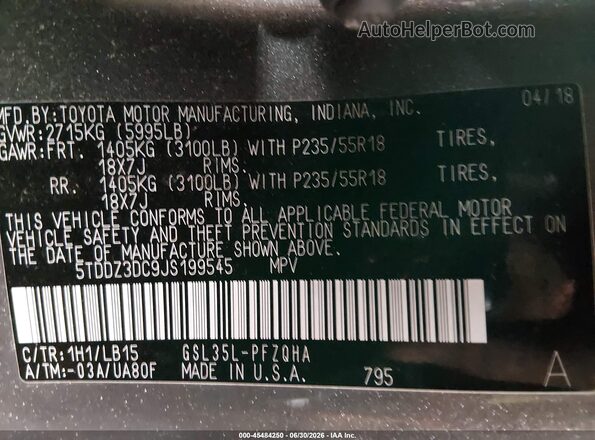 5TDDZ3DC9JS199545 2018 TOYOTA SIENNA Gray ძრავის განყოფილების ხედი