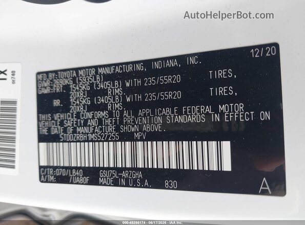 5TDDZRBH1MS527255 2021 TOYOTA HIGHLANDER White Widok komory silnika
