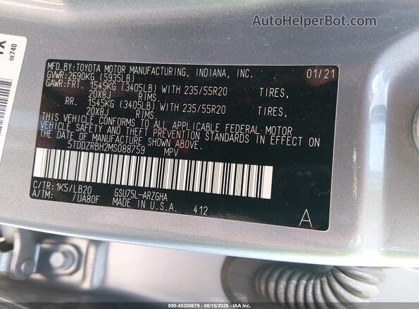 5TDDZRBH2MS088759 2021 TOYOTA HIGHLANDER Blue Widok komory silnika