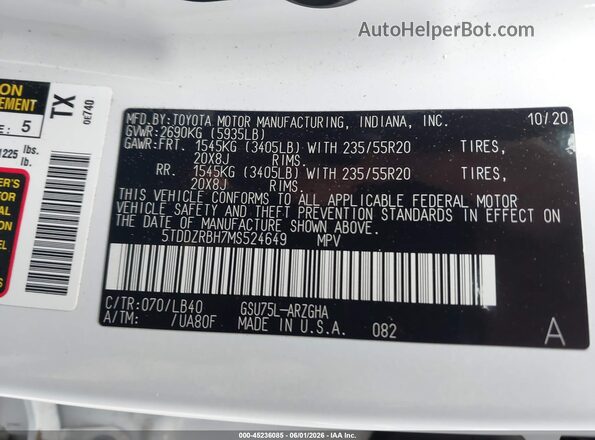 5TDDZRBH7MS524649 2021 TOYOTA HIGHLANDER White Vista del compartimento del motor