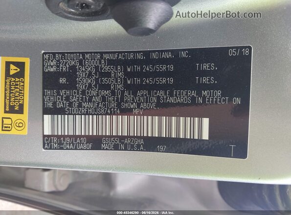 5TDDZRFH0JS874114 2018 TOYOTA HIGHLANDER Silver Շարժիչի բաժամունքի տեսք