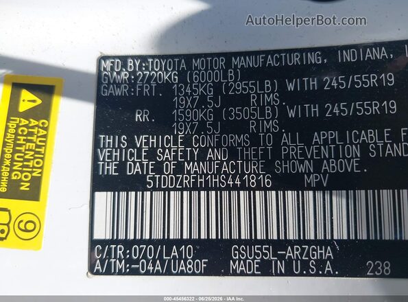 5TDDZRFH1HS441816 2017 TOYOTA HIGHLANDER White Vista del compartimento del motor