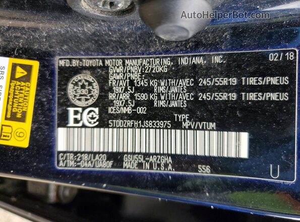 5TDDZRFH1JS833975 2018 TOYOTA HIGHLANDER Black Вид наклейки з VIN-кодом