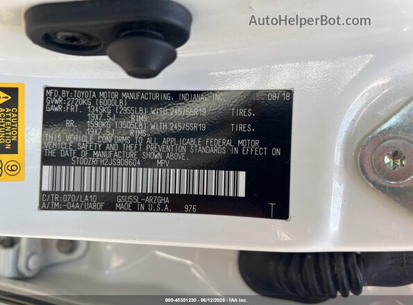 5TDDZRFH2JS908604 2018 TOYOTA HIGHLANDER White 