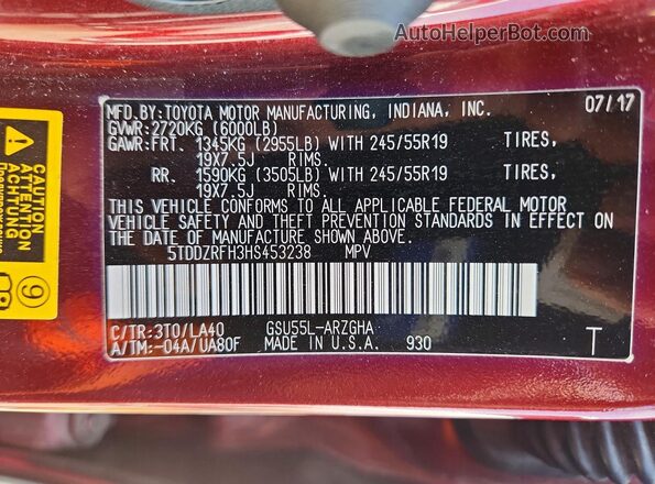 5TDDZRFH3HS453238 2017 TOYOTA HIGHLANDER Burgundy VIN sticker view