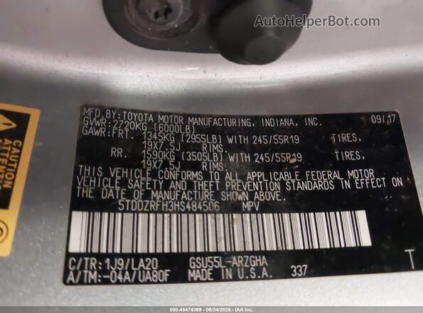 5TDDZRFH3HS484506 2017 TOYOTA HIGHLANDER Silver Widok komory silnika