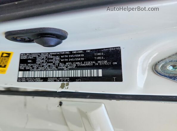 5TDDZRFH4JS864525 2018 TOYOTA HIGHLANDER White VIN կոդի պիտակի տեսք