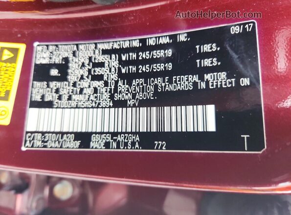 5TDDZRFH5HS473894 2017 TOYOTA HIGHLANDER Burgundy 