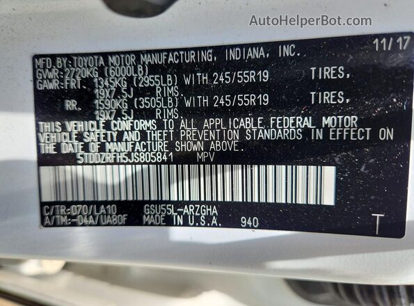 5TDDZRFH5JS805841 2018 TOYOTA HIGHLANDER White Панорамний вид салону 360°