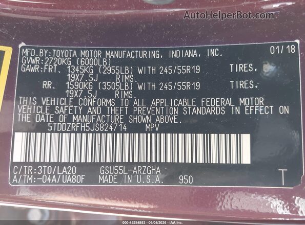 5TDDZRFH5JS824714 2018 TOYOTA HIGHLANDER Burgundy Widok komory silnika