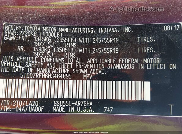 5TDDZRFH6HS464895 2017 TOYOTA HIGHLANDER Maroon Շարժիչի բաժամունքի տեսք