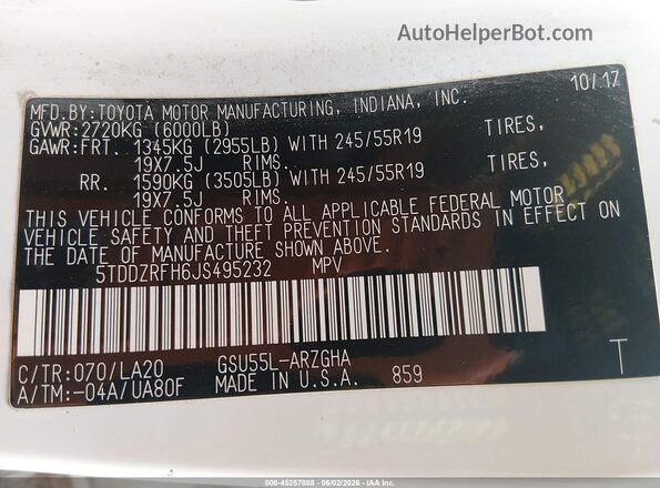 5TDDZRFH6JS495232 2018 TOYOTA HIGHLANDER White Вид підкапотного простору