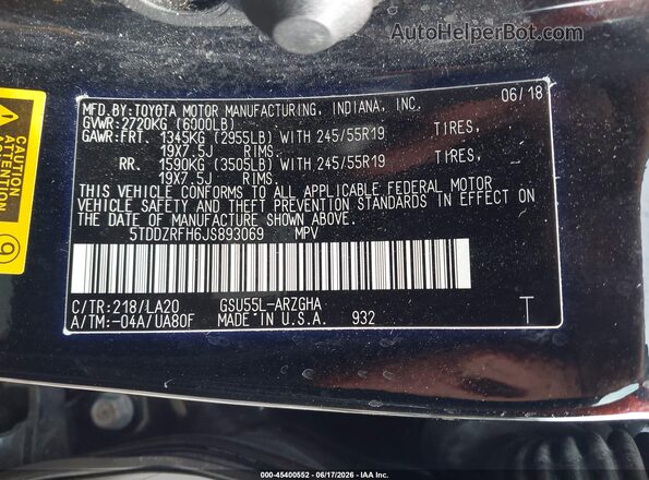 5TDDZRFH6JS893069 2018 TOYOTA HIGHLANDER Black Engine compartment view
