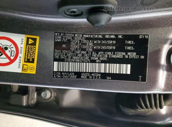 5TDDZRFH6KS715275 2019 TOYOTA HIGHLANDER Серый Вид наклейки с VIN-кодом