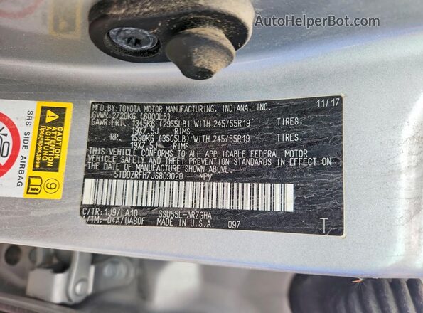 5TDDZRFH7JS809020 2018 TOYOTA HIGHLANDER Silver Вид наклейки з VIN-кодом