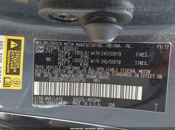 5TDDZRFH7JS809759 2018 TOYOTA HIGHLANDER Blue Vista del compartimento del motor