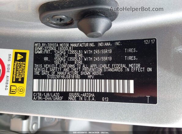 5TDDZRFH8JS818180 2018 TOYOTA HIGHLANDER Silver Widok komory silnika