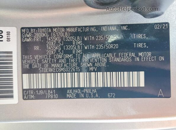 5TDERKEC6MS022615 2021 TOYOTA SIENNA Серебряный 