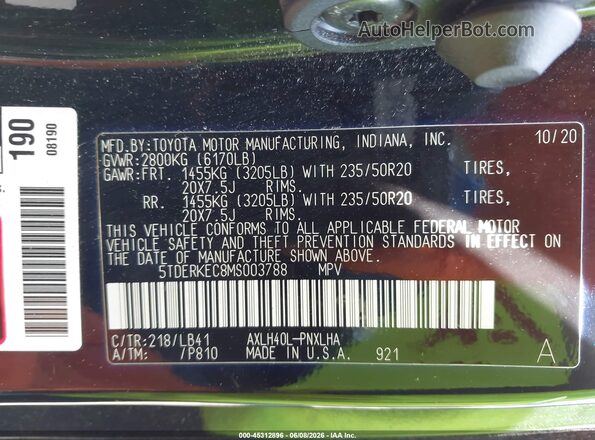 5TDERKEC8MS003788 2021 TOYOTA SIENNA Black ძრავის განყოფილების ხედი