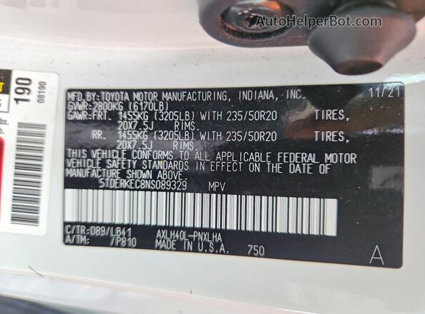 5TDERKEC8NS089329 2022 TOYOTA SIENNA White Vista de la etiqueta del VIN