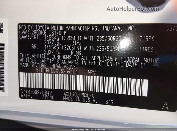 5TDERKECXSS254101 2025 TOYOTA SIENNA White Vista del compartimento del motor