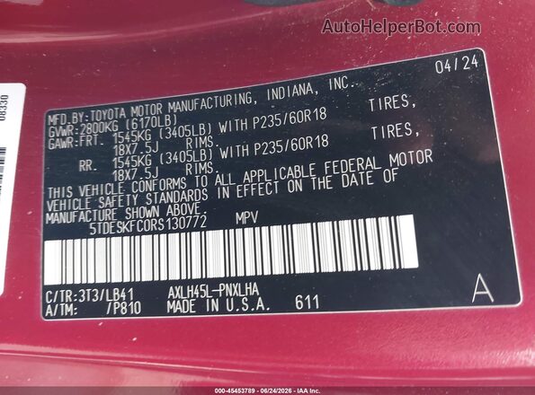 5TDESKFC0RS130772 2024 TOYOTA SIENNA Maroon ძრავის განყოფილების ხედი